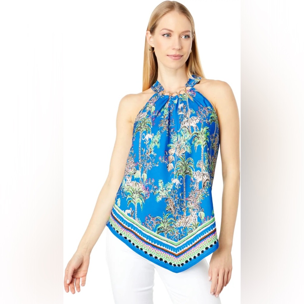 BNWT Lilly Pulitzer Julien Top in “Blue thistle Tiger Queen” 💙🐯🐅 🩵🌴